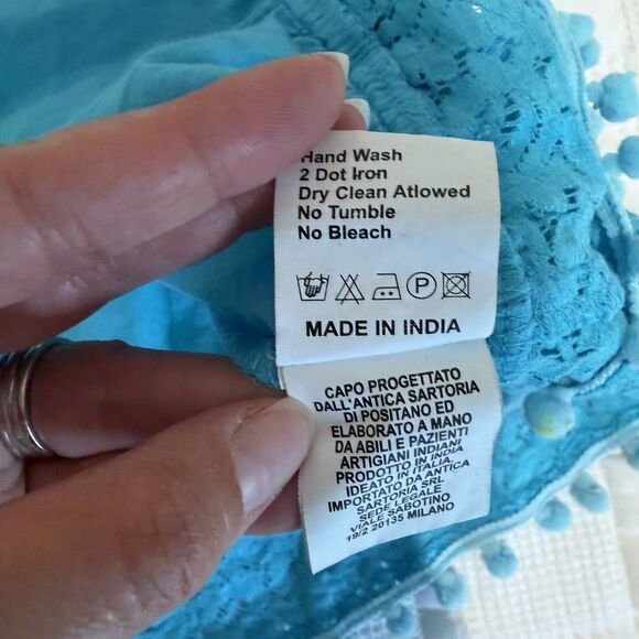 Antica Sartoria By Giacomo Cinque Blouse Size 12 Blue Lace Pom Poms Ruffle Swing - Picture 10 of 14